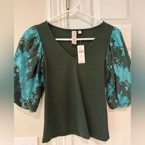 dolan Forest Green V-Neck Top with Teal Lace Puff Sleeves
